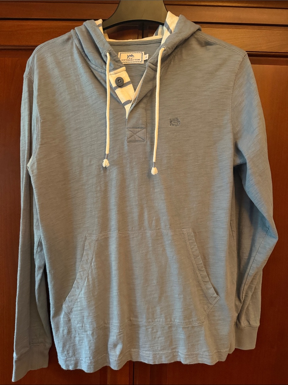 Southern Tide Light Blue Hooded Pullover with Cream Drawcords